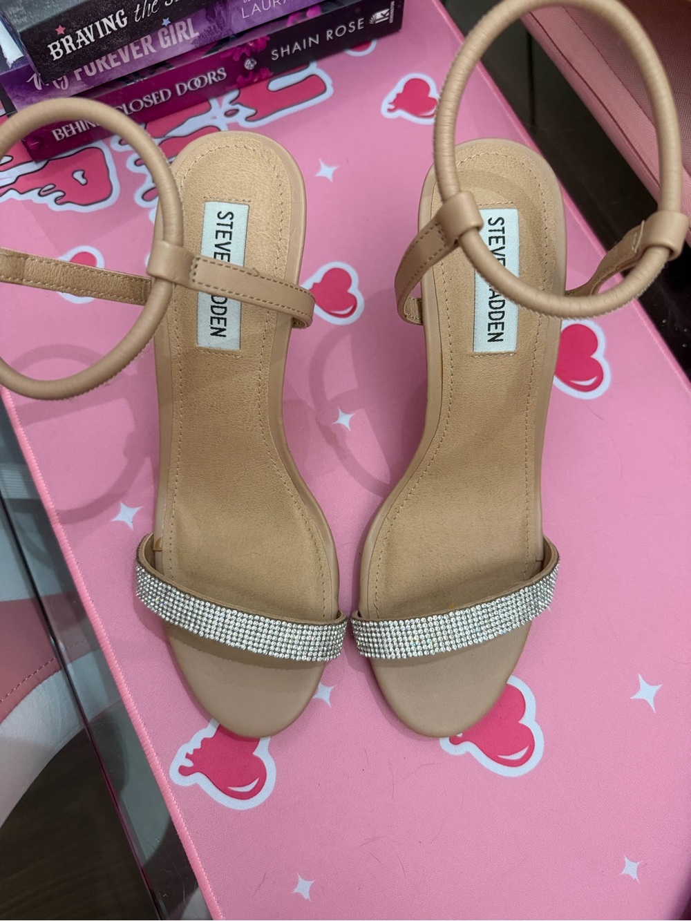 Steve Madden Tan Rhinestone Ankle-Strap Heels